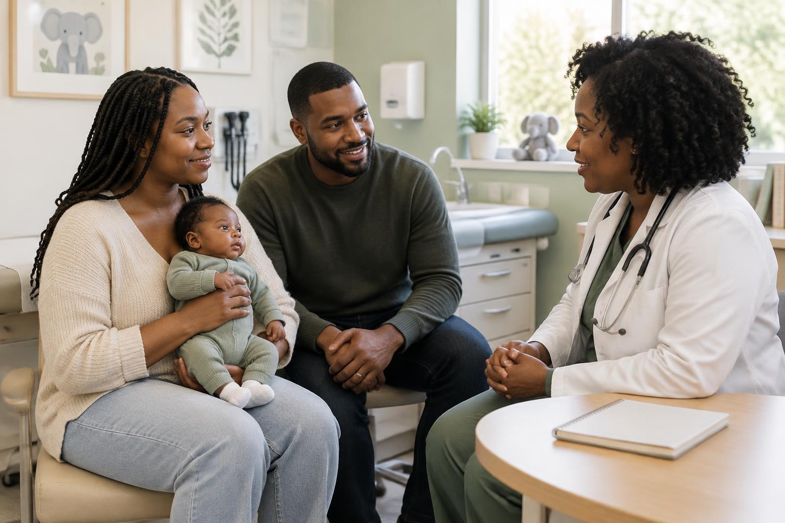 Illustrative image of Black parents holding their baby at a calm pediatric consultation with a Black clinician.