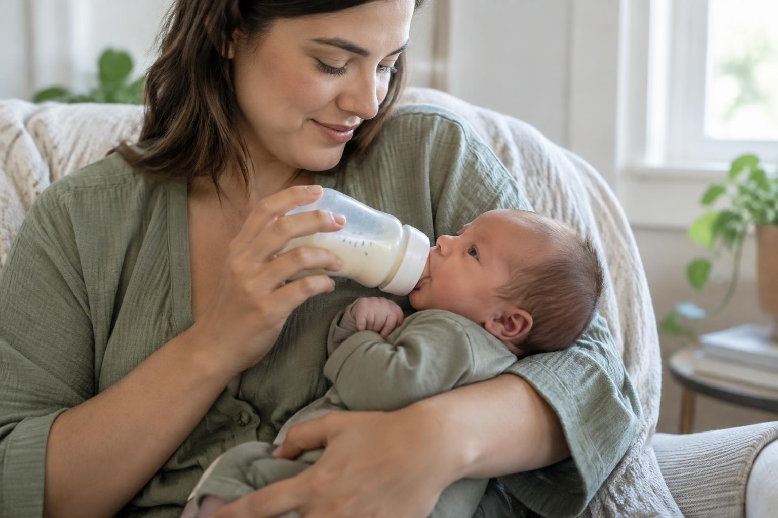 An awake parent holds a newborn with their head supported while offering a bottle.