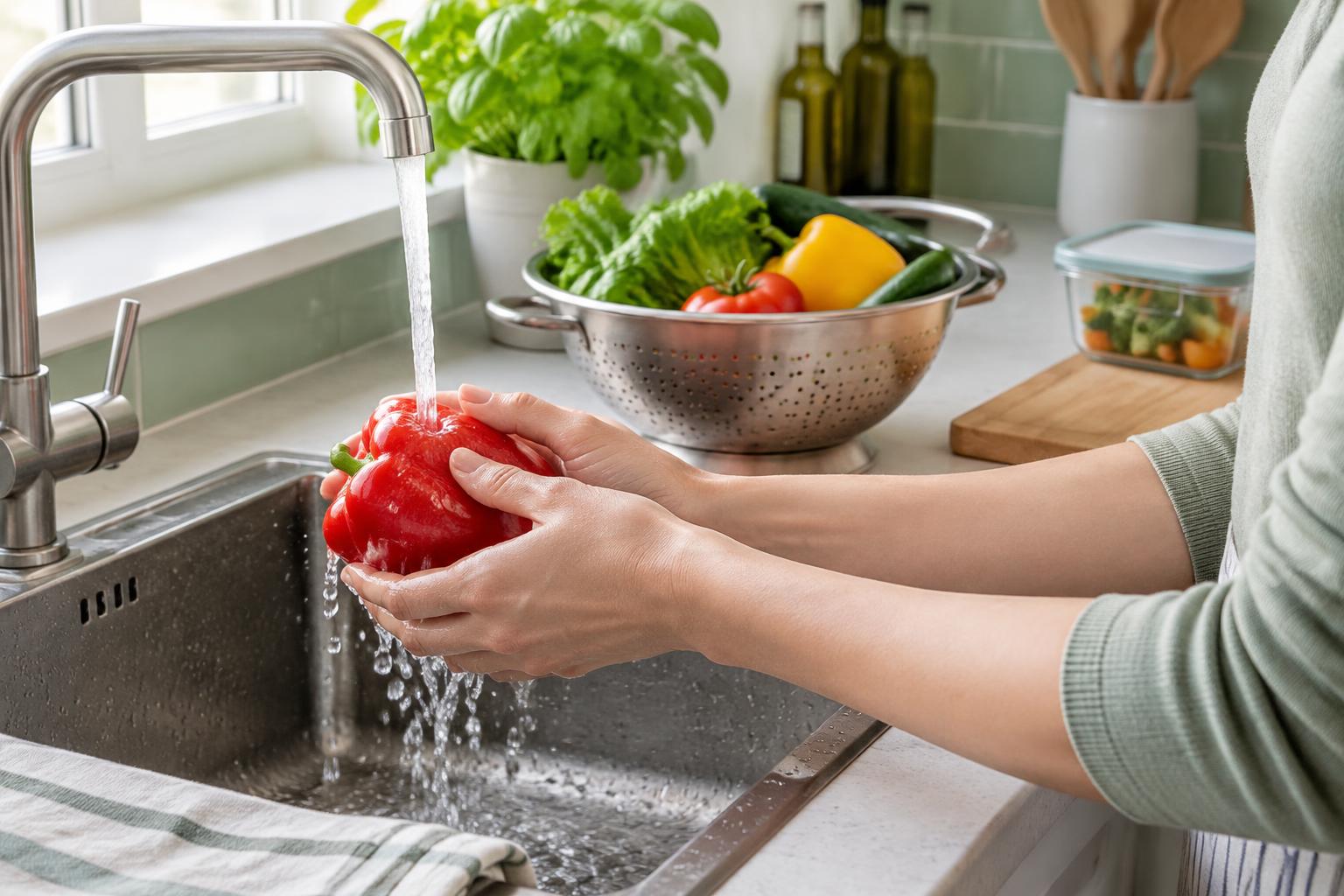 Hands wash a red bell pepper under running water in a clean kitchen.