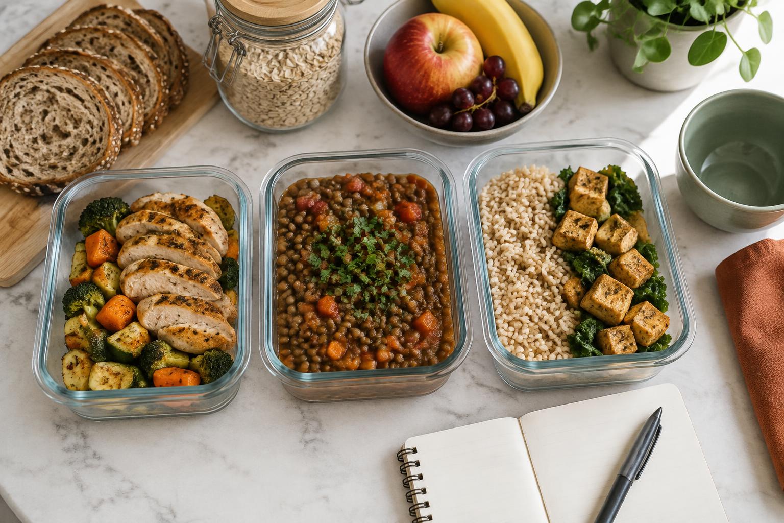 Prepared chicken, lentil, and tofu meals in glass containers beside fruit, oats, bread, and a planning notebook.