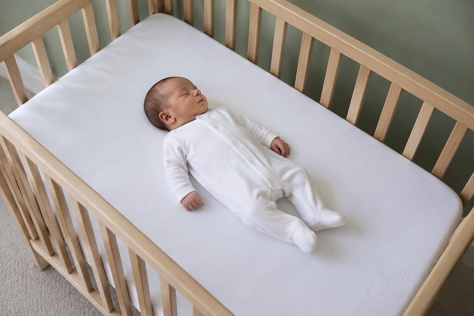 A newborn sleeps on their back in an empty crib with a fitted sheet and no loose bedding.