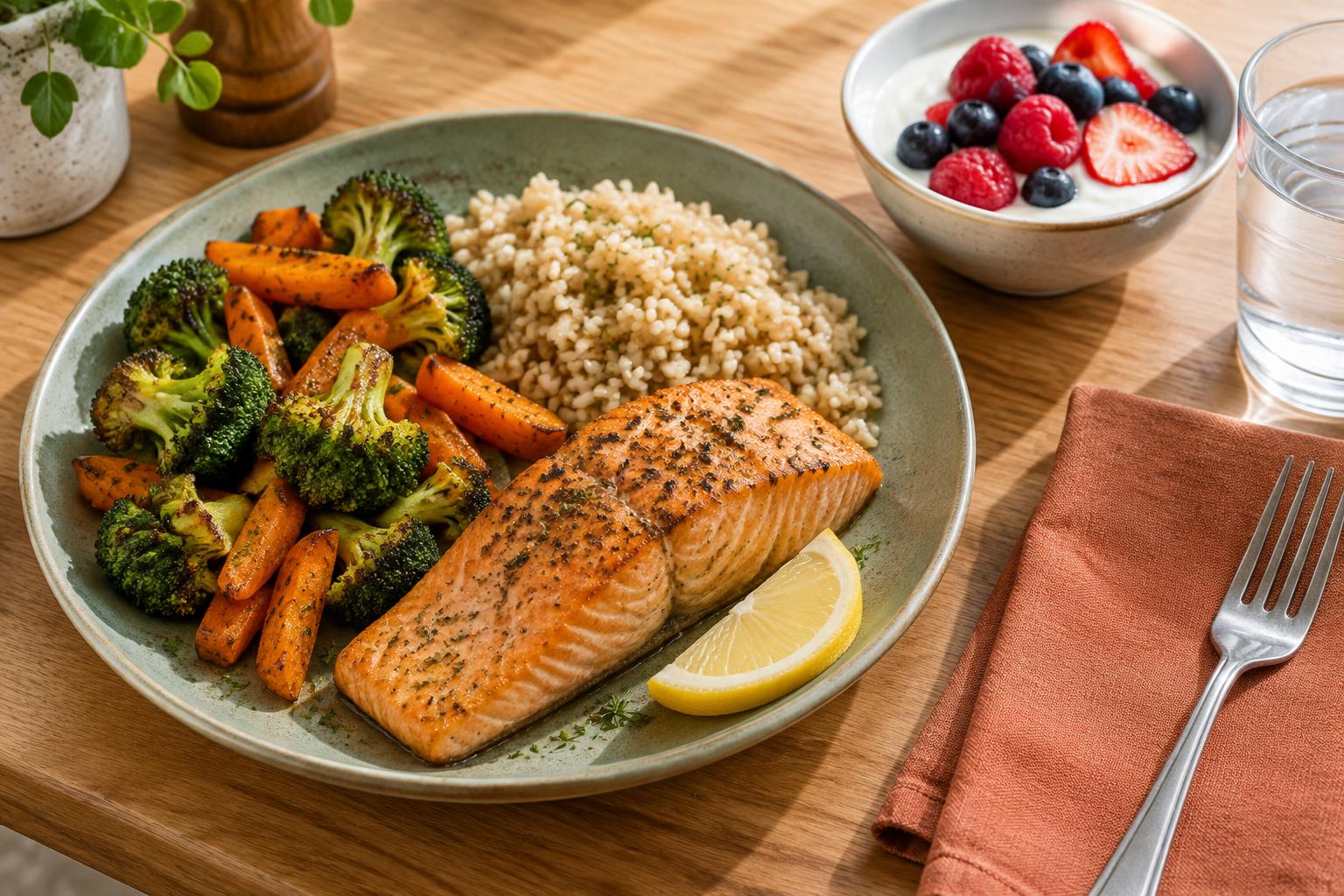 Cooked salmon with rice and roasted vegetables, alongside yogurt with berries and a glass of water.